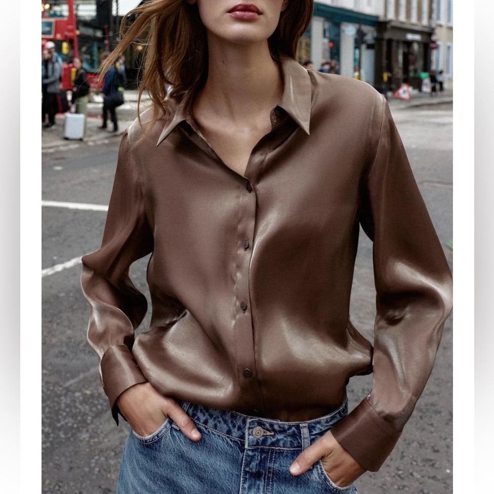 Zara BROWN IRIDESCENT FLOWY SHIRT